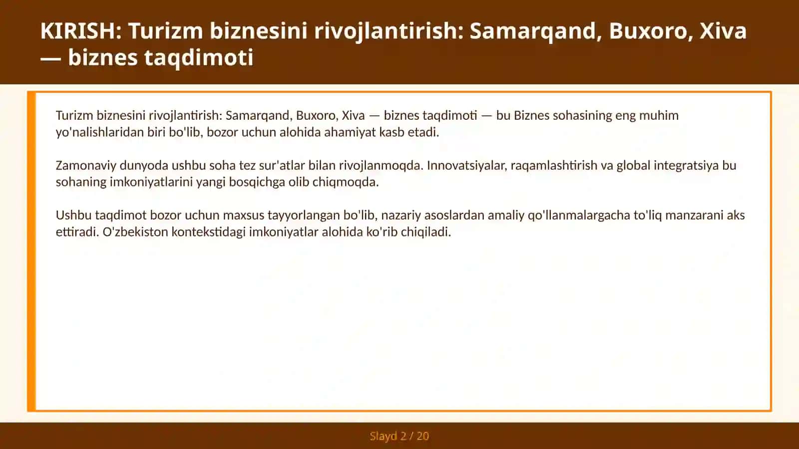 Turizm biznesini rivojlantirish: Samarqand, Buxoro, Xiva — biznes taqdimoti 2