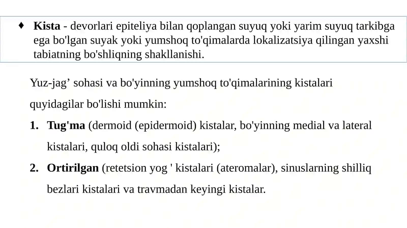 Tug‘ma kistalar (epidermoid va dermoid kistalar) 2