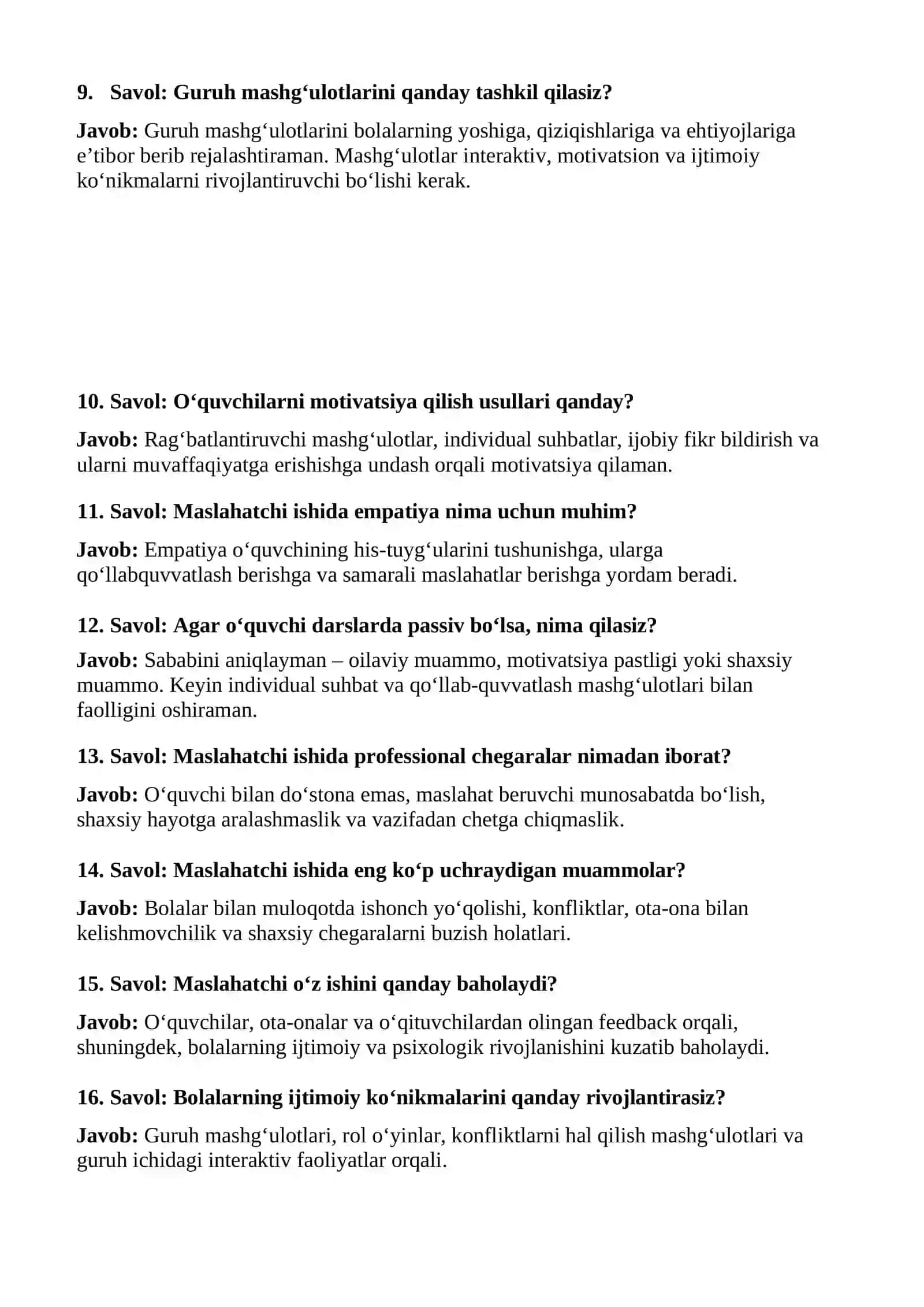 Maktab maslahatchisi suhbat savollari 2
