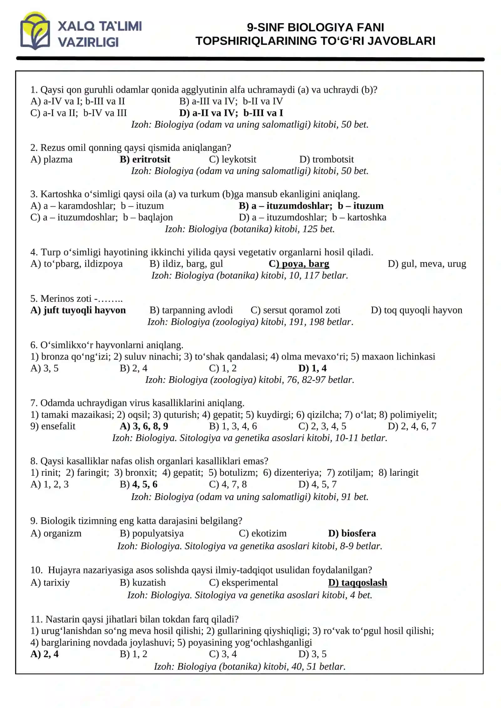 9-SINF BIOLOGIYA FANI TOPSHIRIQLARINING TO‘G‘RI JAVOBLARI 2