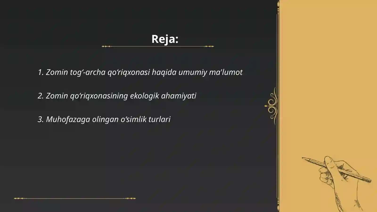 Zomin tog‘-archa qo‘riqxonasida muhofazaga olingan turlarni roʻyxatini shakllantirish va Ko‘rgazmali vositalar tayyorlash 2