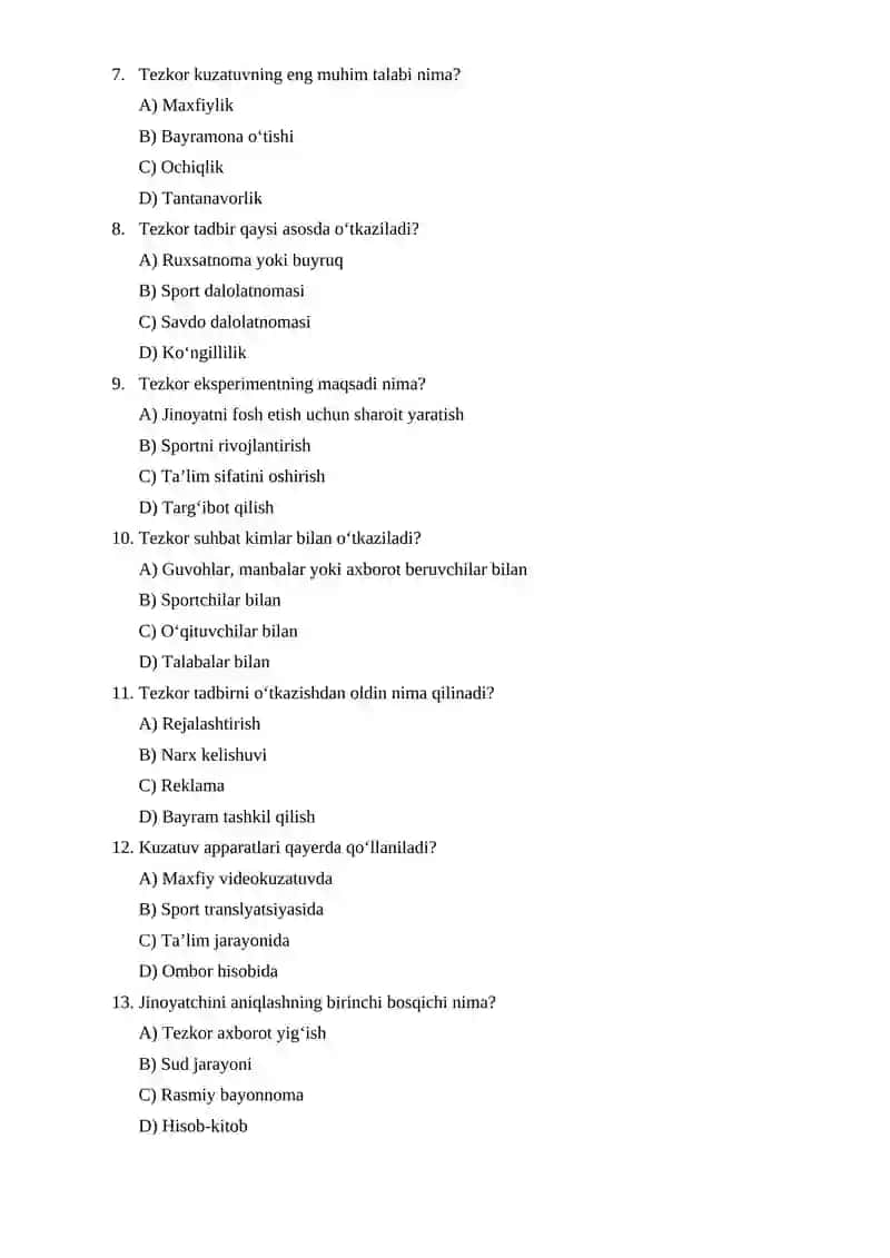 Ichki ishlar o'rganlarining tezkor qidiruv bo'limlari mavzusiga oid test 2