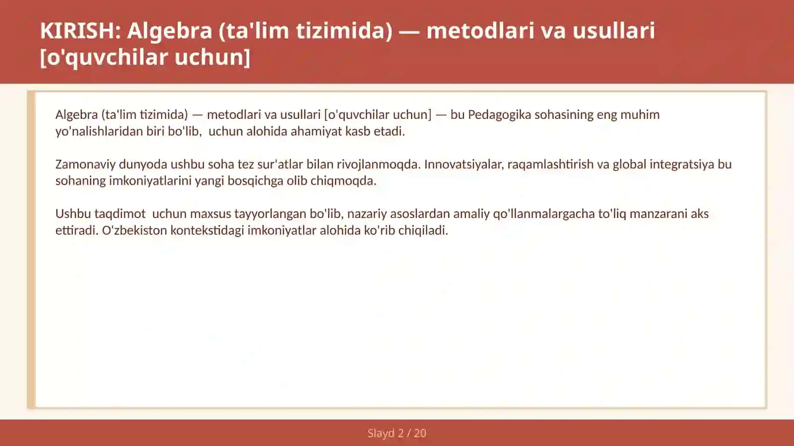 Algebra (ta'lim tizimida) — metodlari va usullari [o'quvchilar uchun] 2