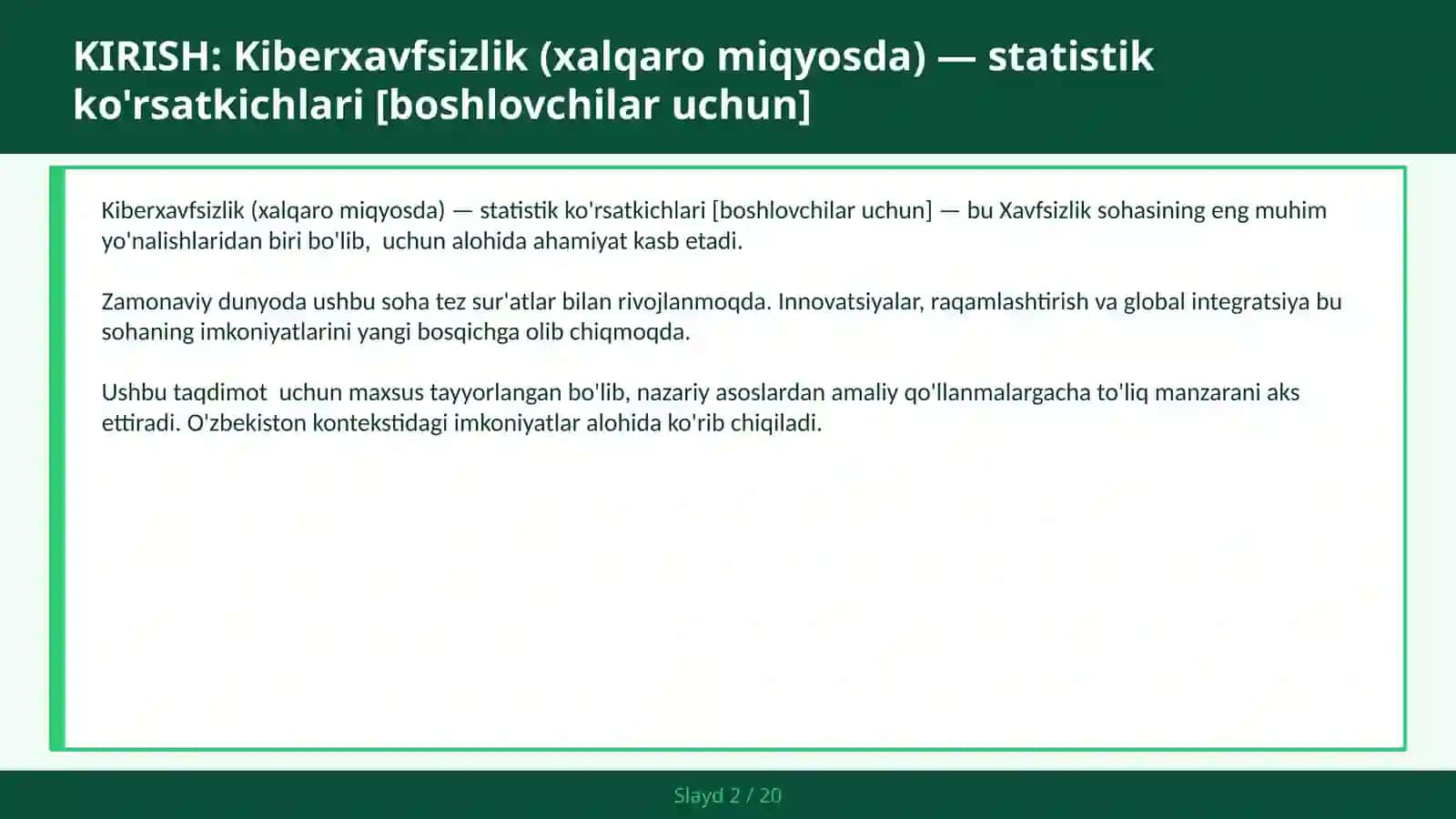 KIBERXAVFSIZLIK (XALQARO MIQYOSDA) — STATISTIK KO'RSATKICHLARI [BOSHLOVCHILAR UCHUN] 2