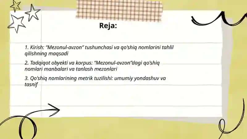 "Mezonul-avzon" dagi qo'shiq nomlari bo'yicha tahliliy ma'lumotnoma tayyorlash 2
