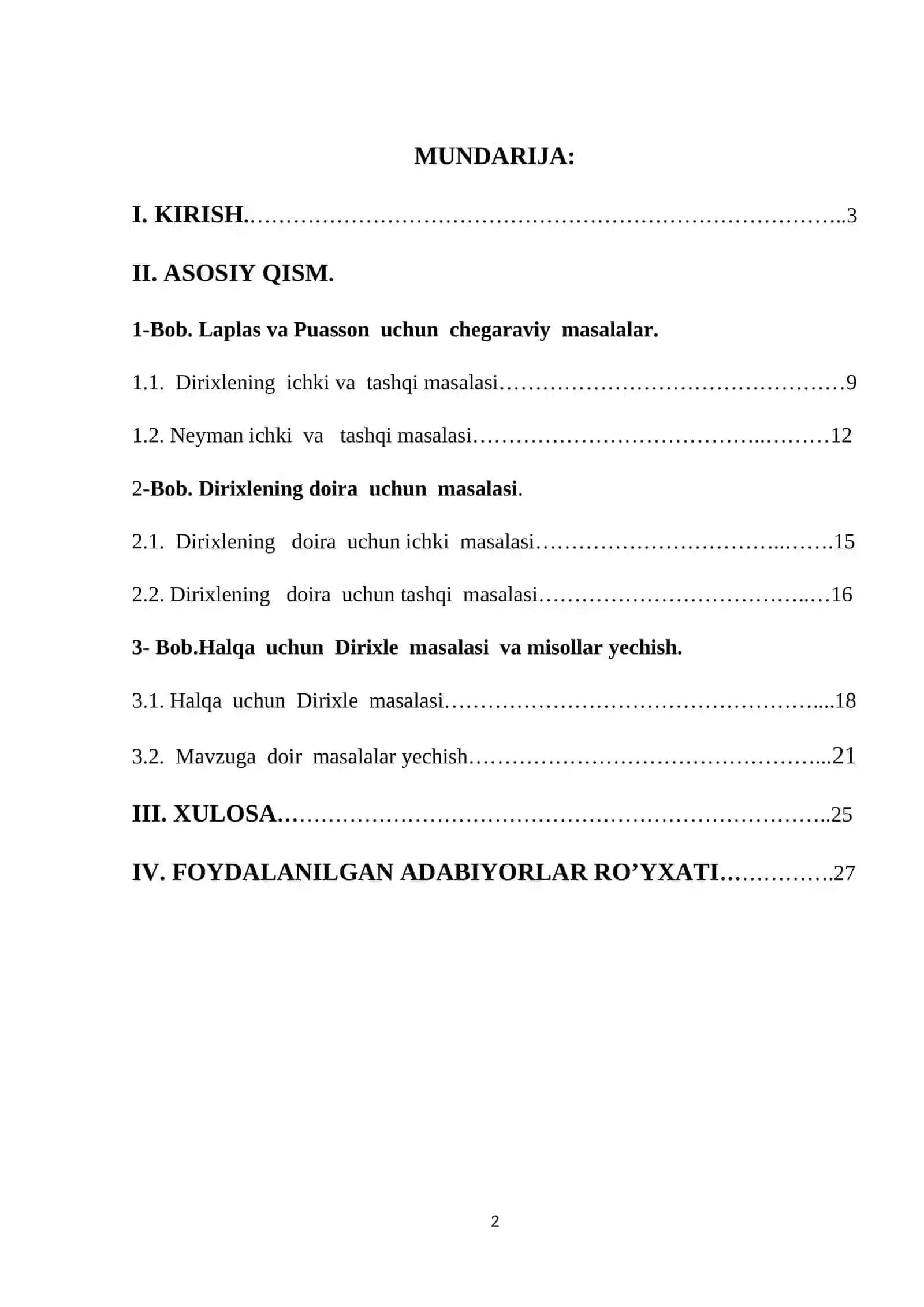 Doira uchun Drixle masalasini Furye usuli bilan yechish. Puasson integrali. Dirixle masalasining shar uchun yechilishi 2