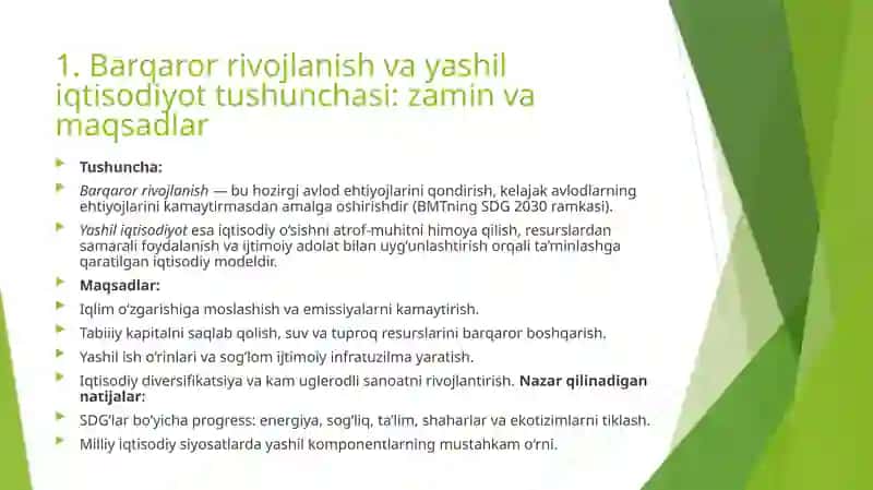 Rivojlanayotgan mamlakatlarda barqaror rivojlanishni ta’minlash va “yashil iqtisodiyot”ga o‘tish muammosi 2
