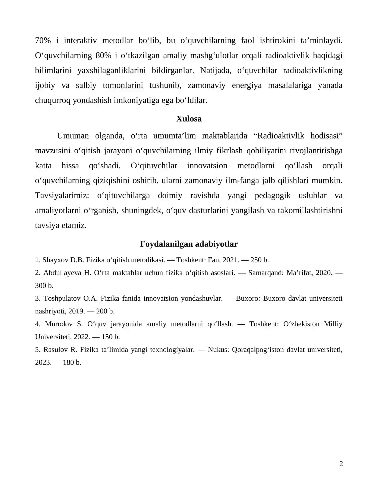 O‘rta umumta’lim maktablarida “Radioaktivlik hodisasi” mavzusini o‘qitish metodikasi 2