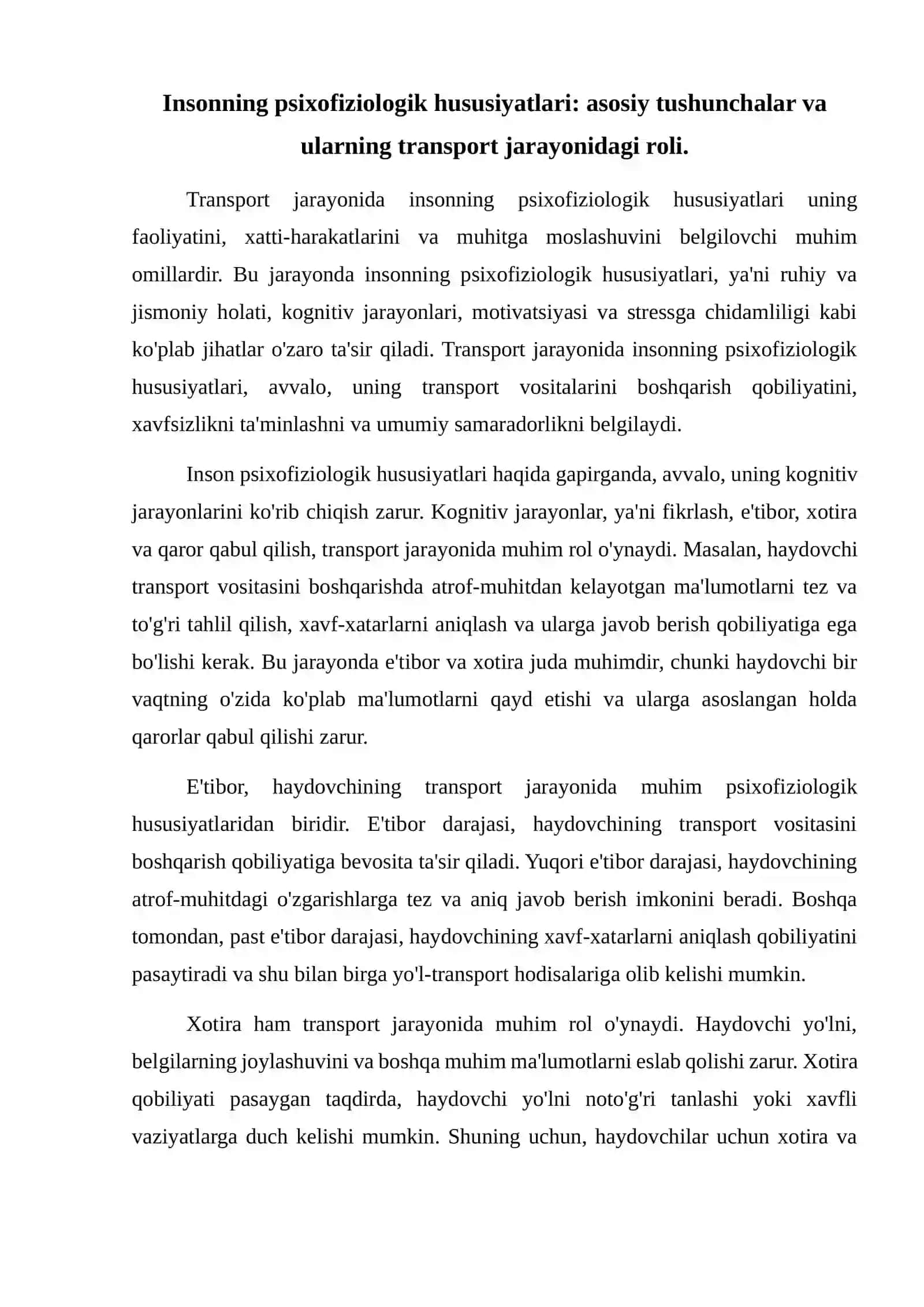 Transport jarayonida insonning psixofiziologik hususiyatlari nimalardan iborat 2
