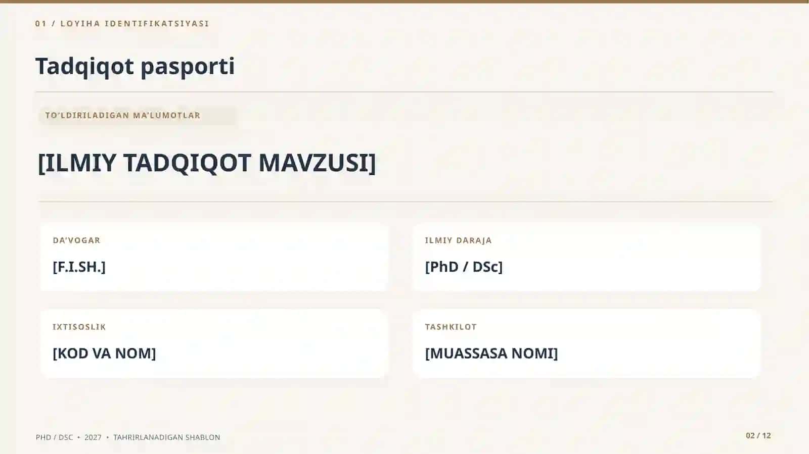PhD / DSc tanlov taqdimoti uchun professional, tahrirlanadigan 12 slayd 2