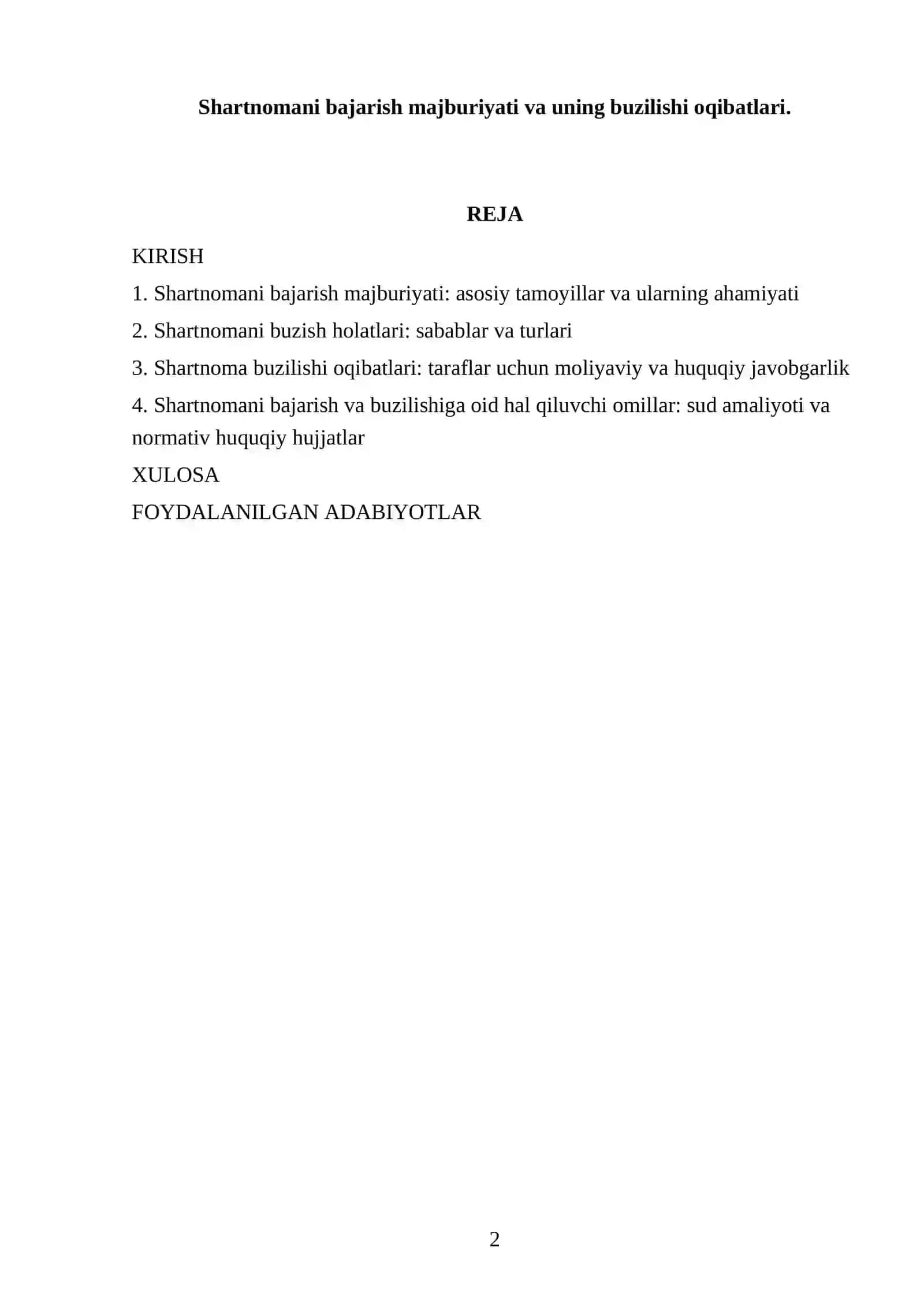 Shartnomani bajarish majburiyati va uning buzilishi oqibatlari 2