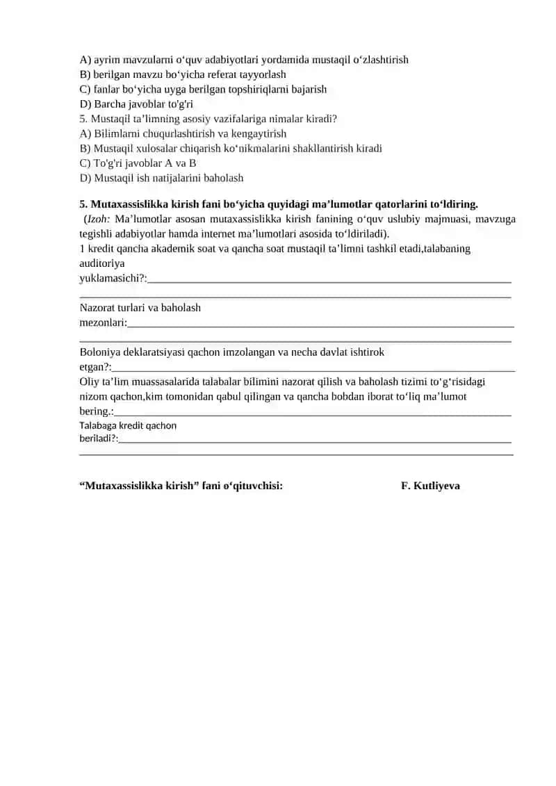 Mutaxassislikka kirish (Kredit modul tizimi haqida tushuncha) 2