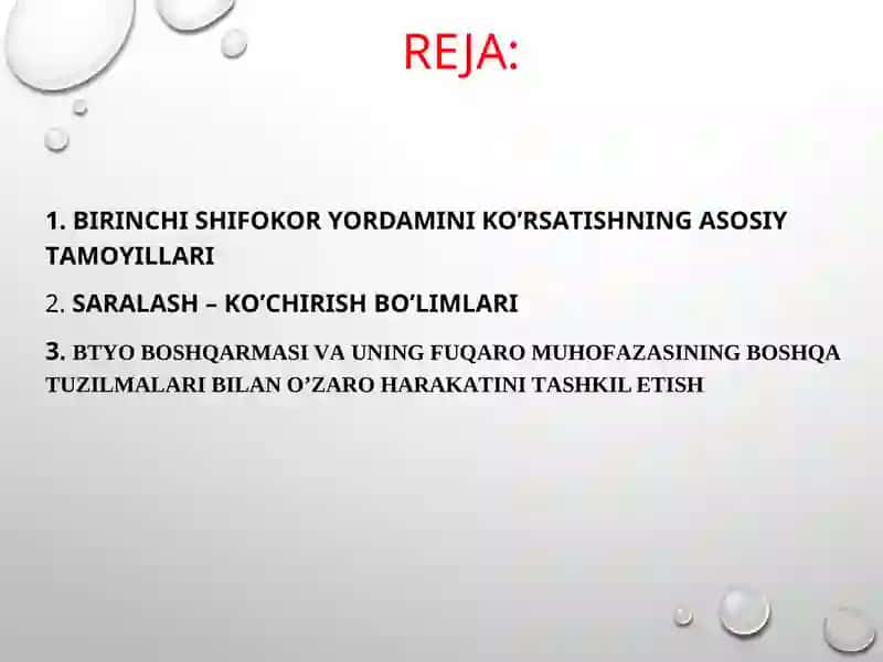 Shikastlangan o’choqlarda Birinchi Shifokor yordamini tashkil qilish 2