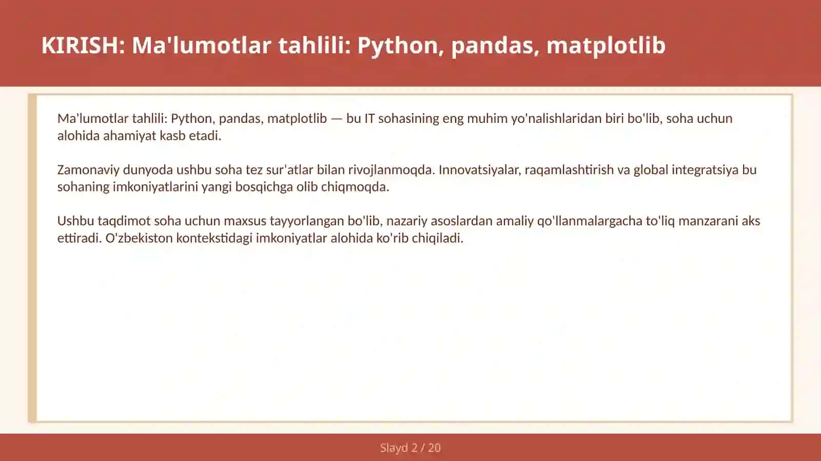 MA'LUMOTLAR TAHLILI: PYTHON, PANDAS, MATPLOTLIB 2