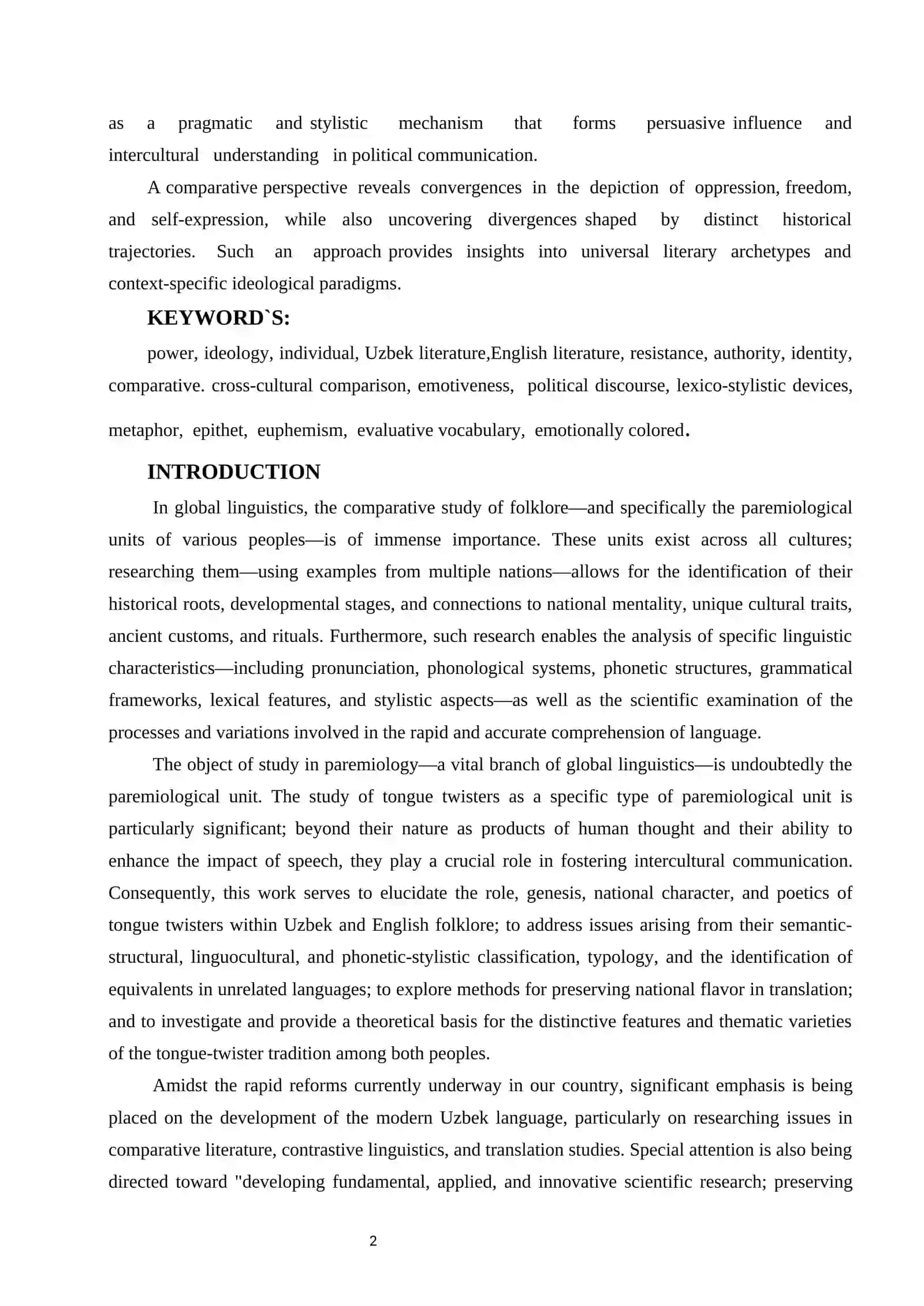 LINGUISTIC MANIFESTATION OF POWER: A COMPARATIVE STUDY OF UZBEK AND ENGLISH POLITICAL RHETORIC 2