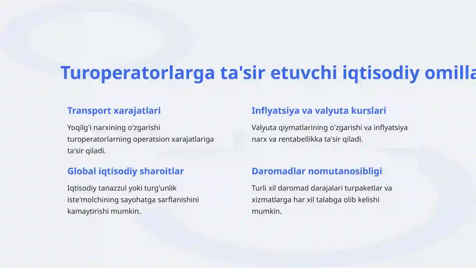 Turoperator va turagentliklarning rivojlanishiga tasir etuvchi omillar 2