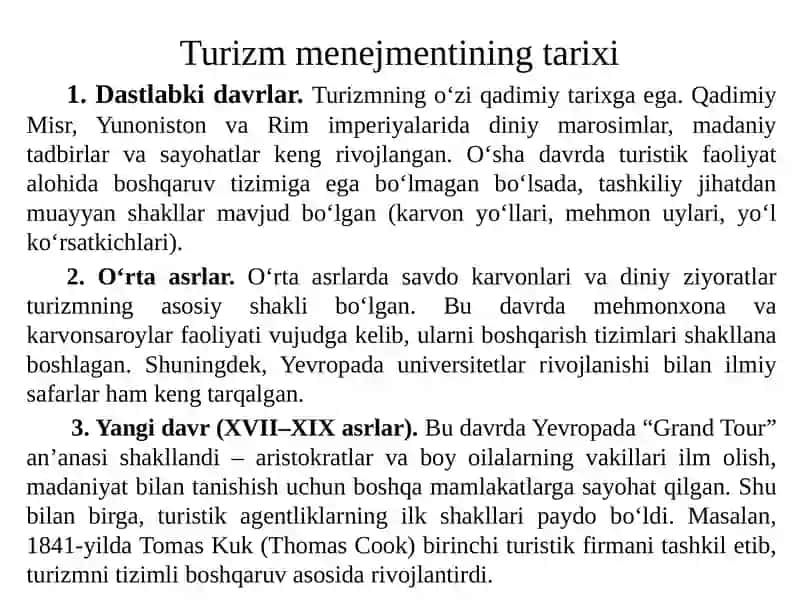 Turizm menejmentining maqsad, vazifalari va tarixi 2
