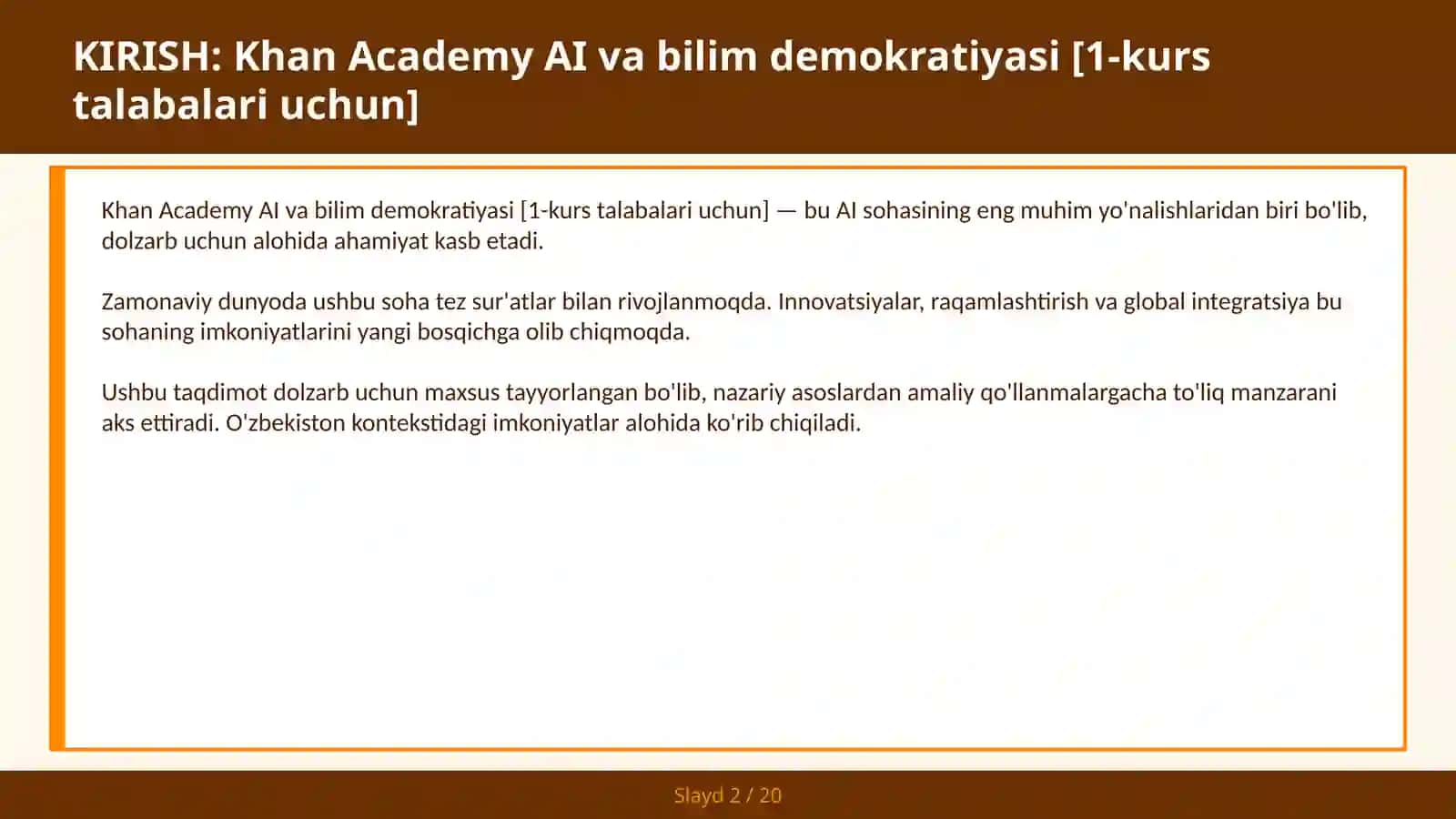 KHAN ACADEMY AI VA BILIM DEMOKRATIYASI [1-KURS TALABALARI UCHUN] 2