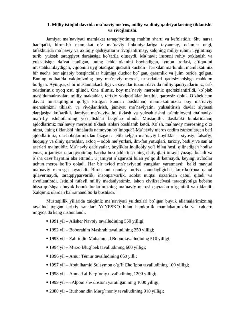 Mustaqillik yillarida ma`naviy me`ros, milliy va diniy qadriyatlarning tiklanishi va rivojlanishi 2