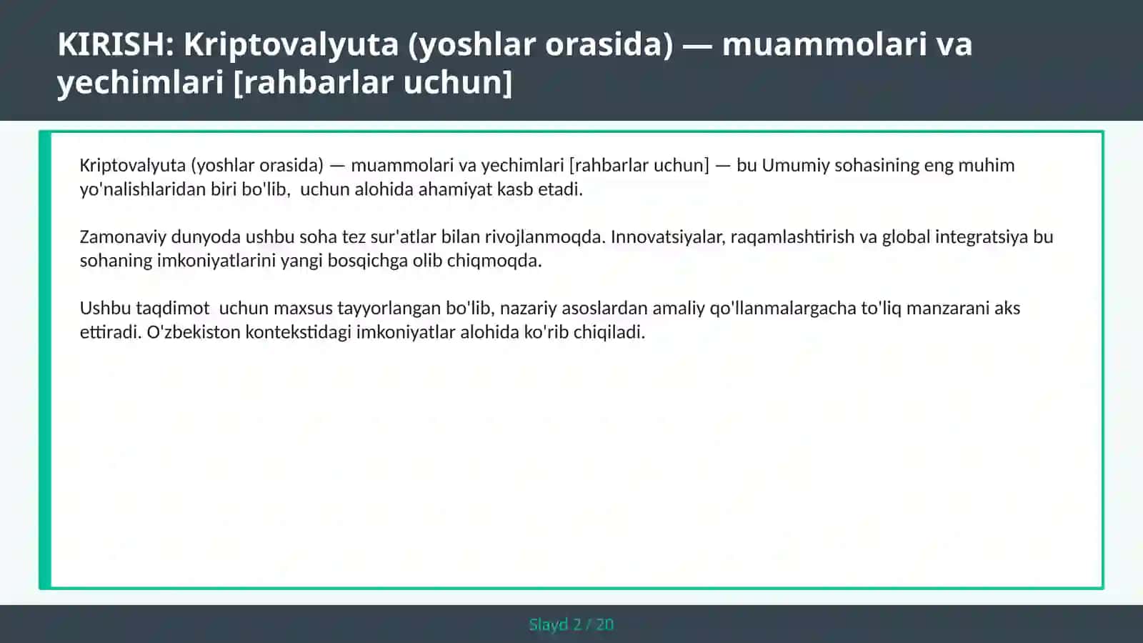 KRIPTOVALYUTA (YOSHLAR ORASIDA) — MUAMMOLARI VA YECHIMLARI [RAHBARLAR UCHUN] 2
