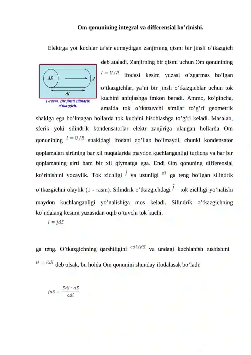 Om va Joul – Lens qonunlarining integral va differensial ko’rinishi 2