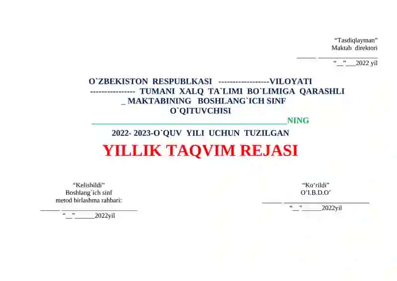 3-sinf uy ta’limi uchun YILLIK TAQVIM REJASI 2