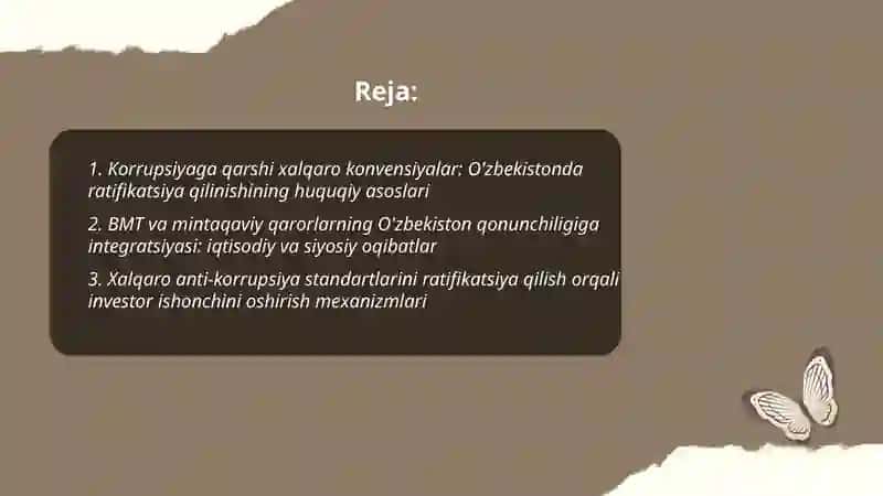 Karupsiyaga qarshi kurash xalqaro qonun va qarorlarning ratifikatsiyasi 2