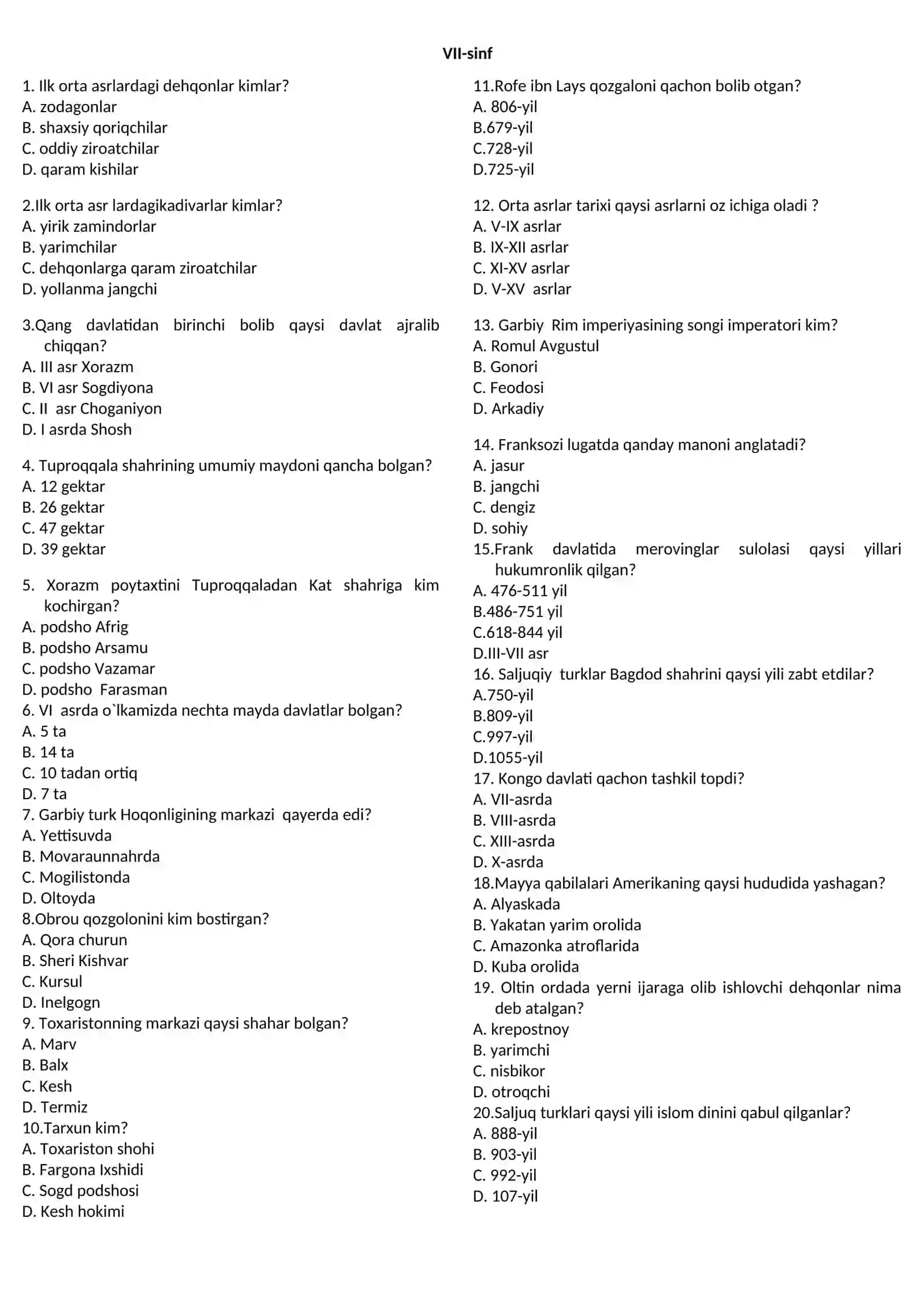 7-9-sinflar uchun tarix fanidan TEST SAVOLLARI 2