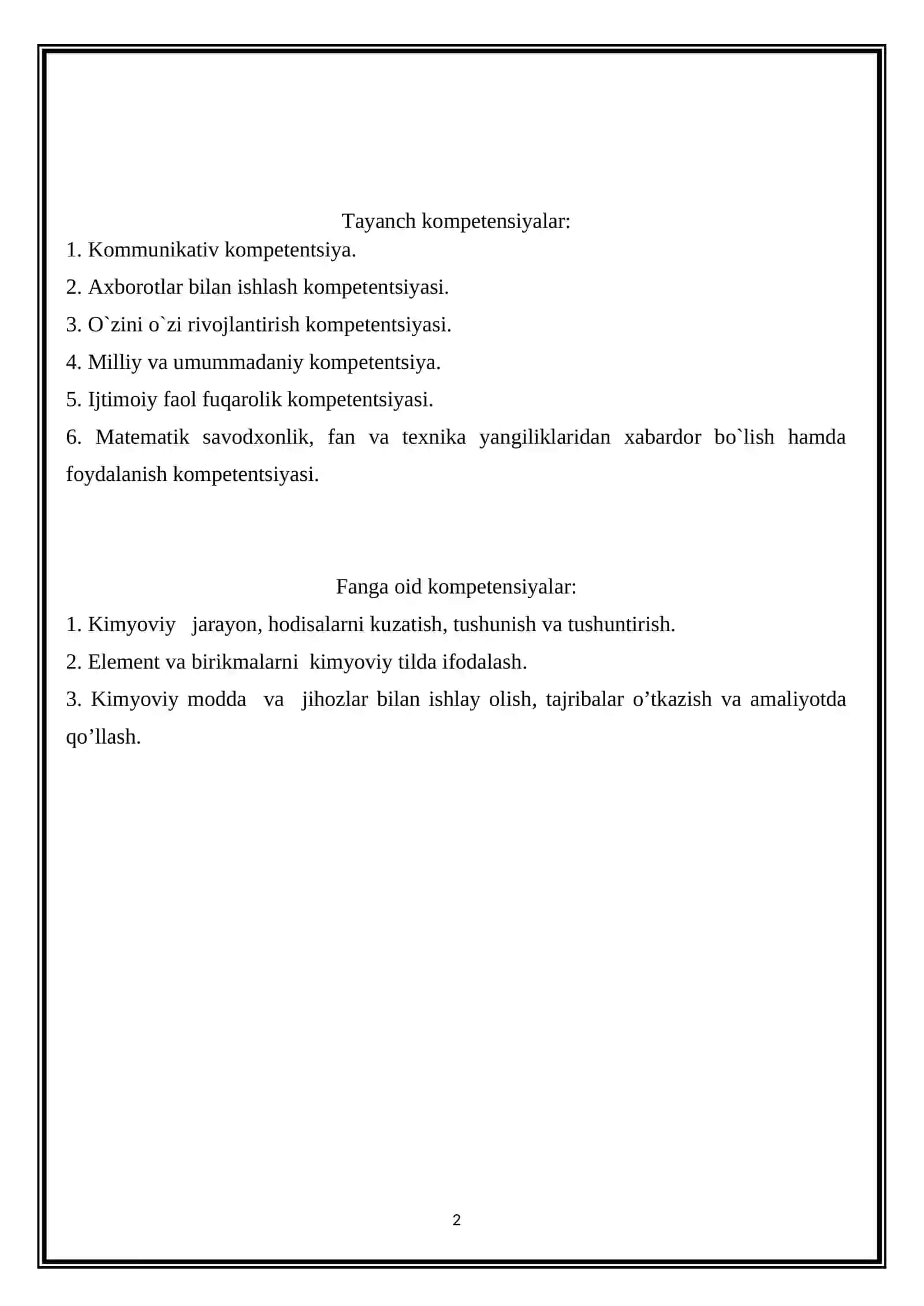 Kimyo fanidan uzviylashtirilgan o’quv dasturi asosida tuzilgan taqvim-mavzuviy rejalar va nazorat ishlari 2