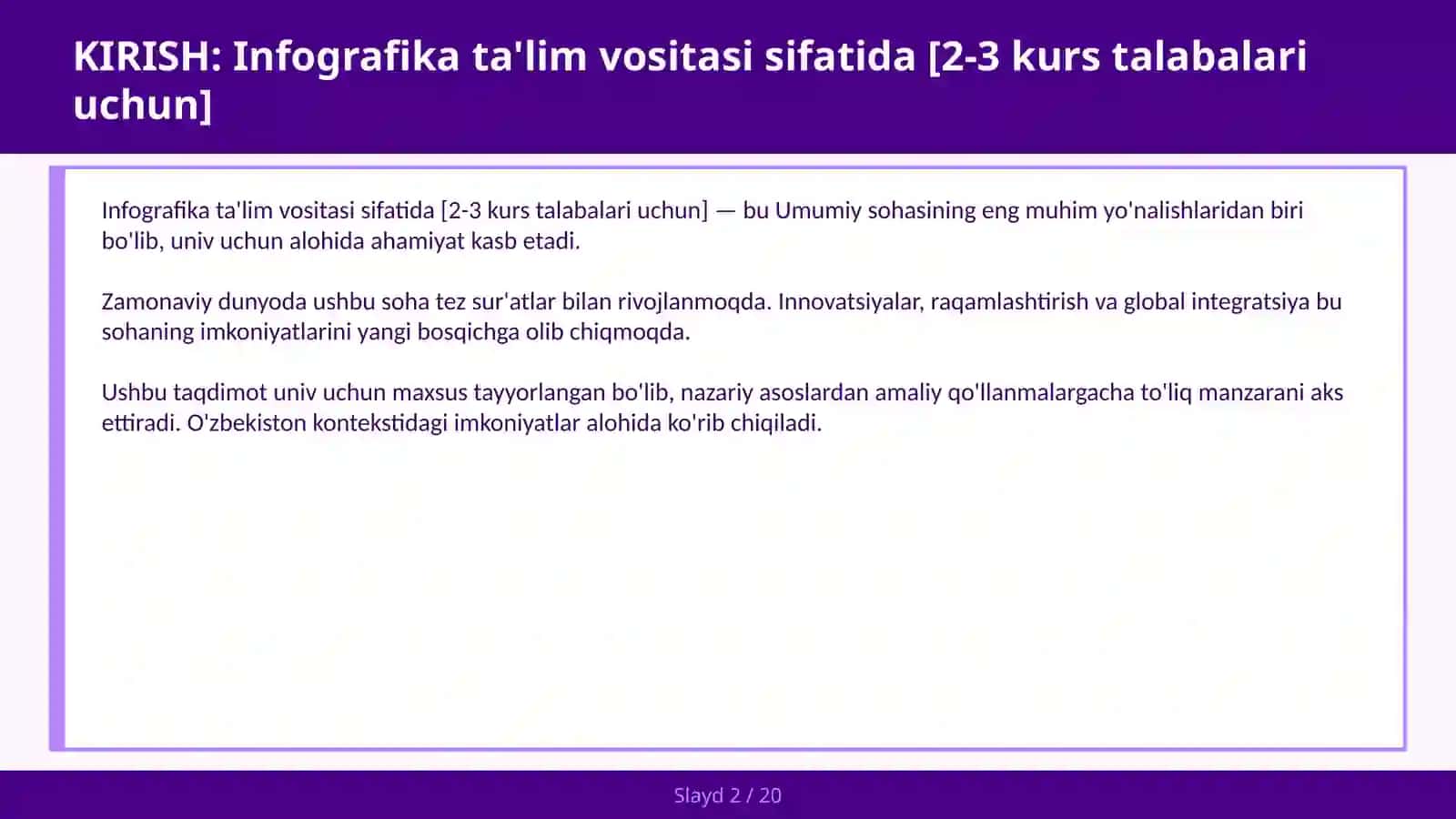 Infografika ta'lim vositasi sifatida [2-3 kurs talabalari uchun] 2