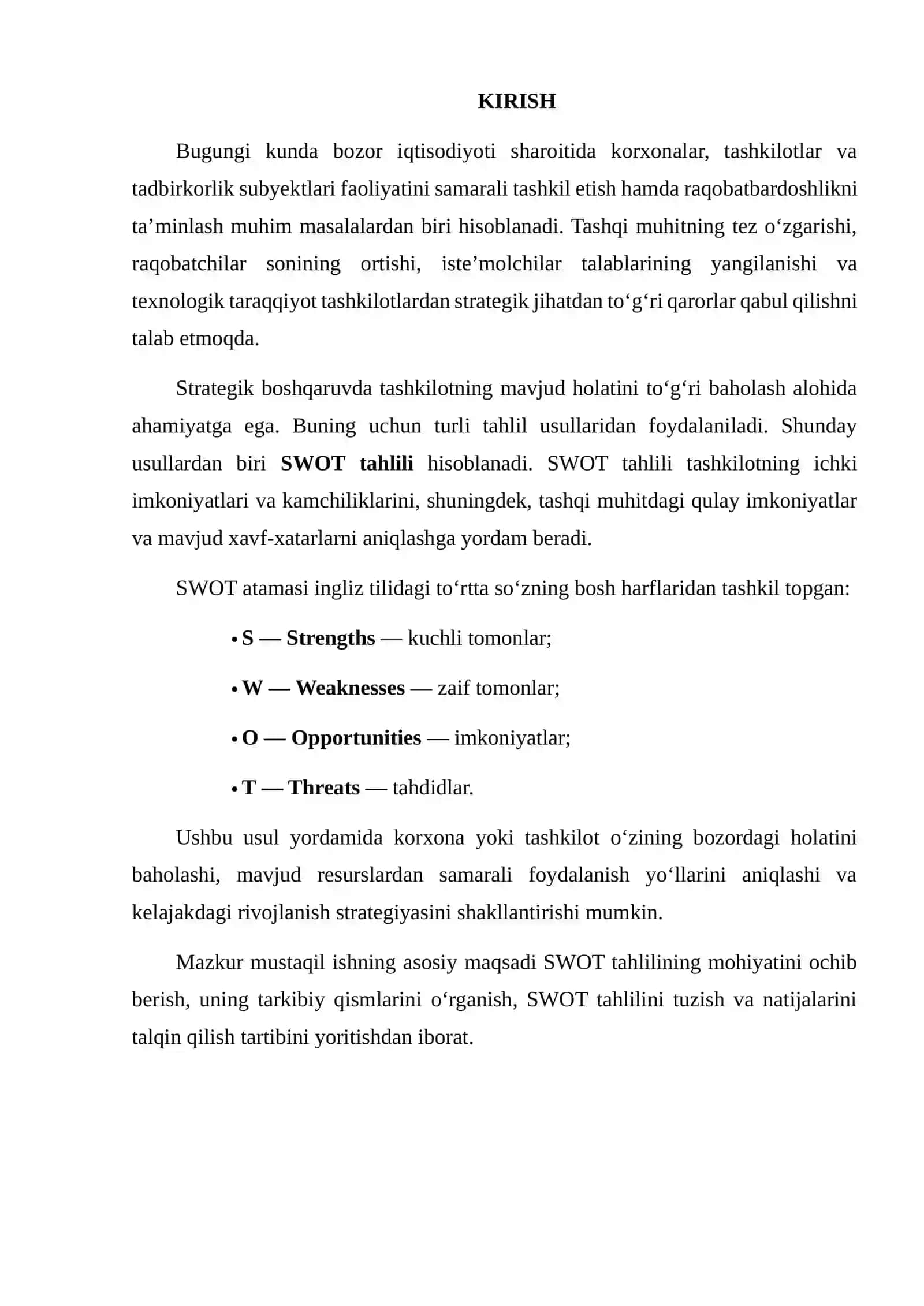 SWOT TAHLILINI TUZISH VA TALQIN QILISH 2