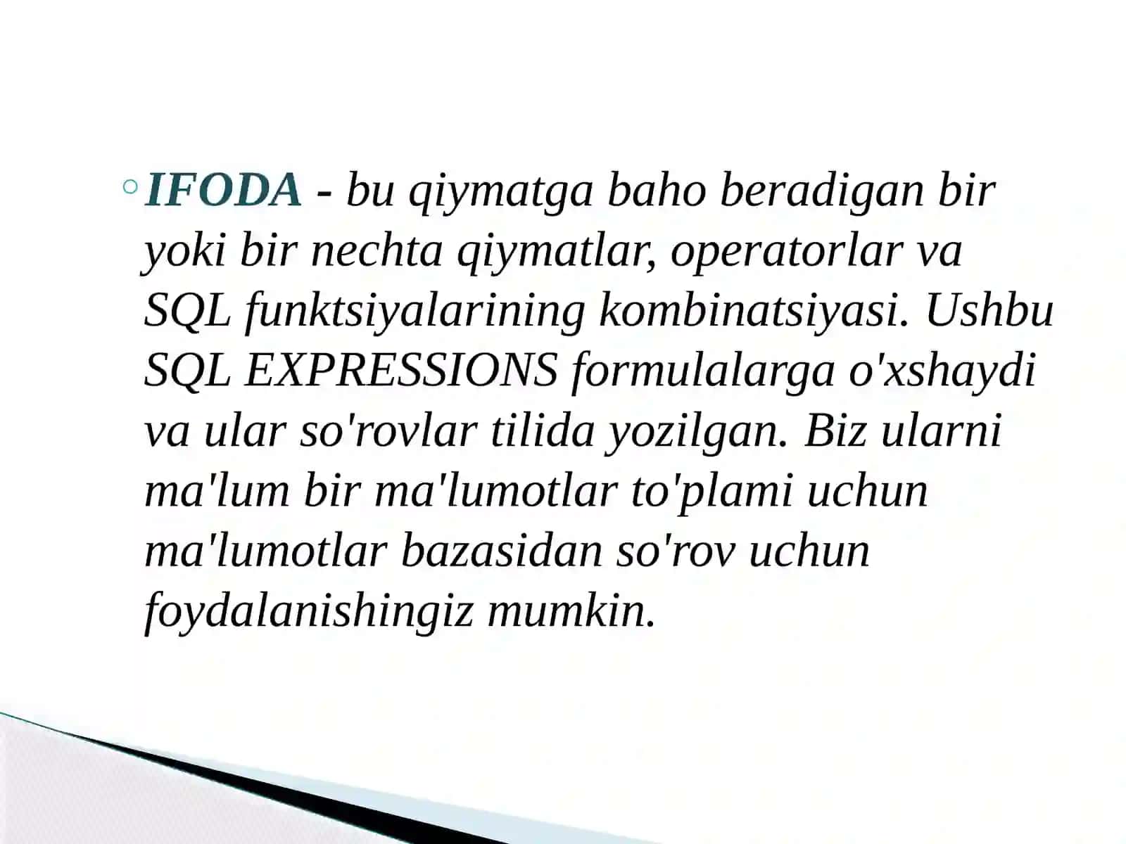 Sql serverda ifodalar va uning vazifalari 2