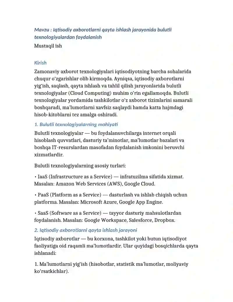 Iqtisodiy axborotlarni qayta ishlash jarayonida bulutli texnologiyalardan foydalanish 2