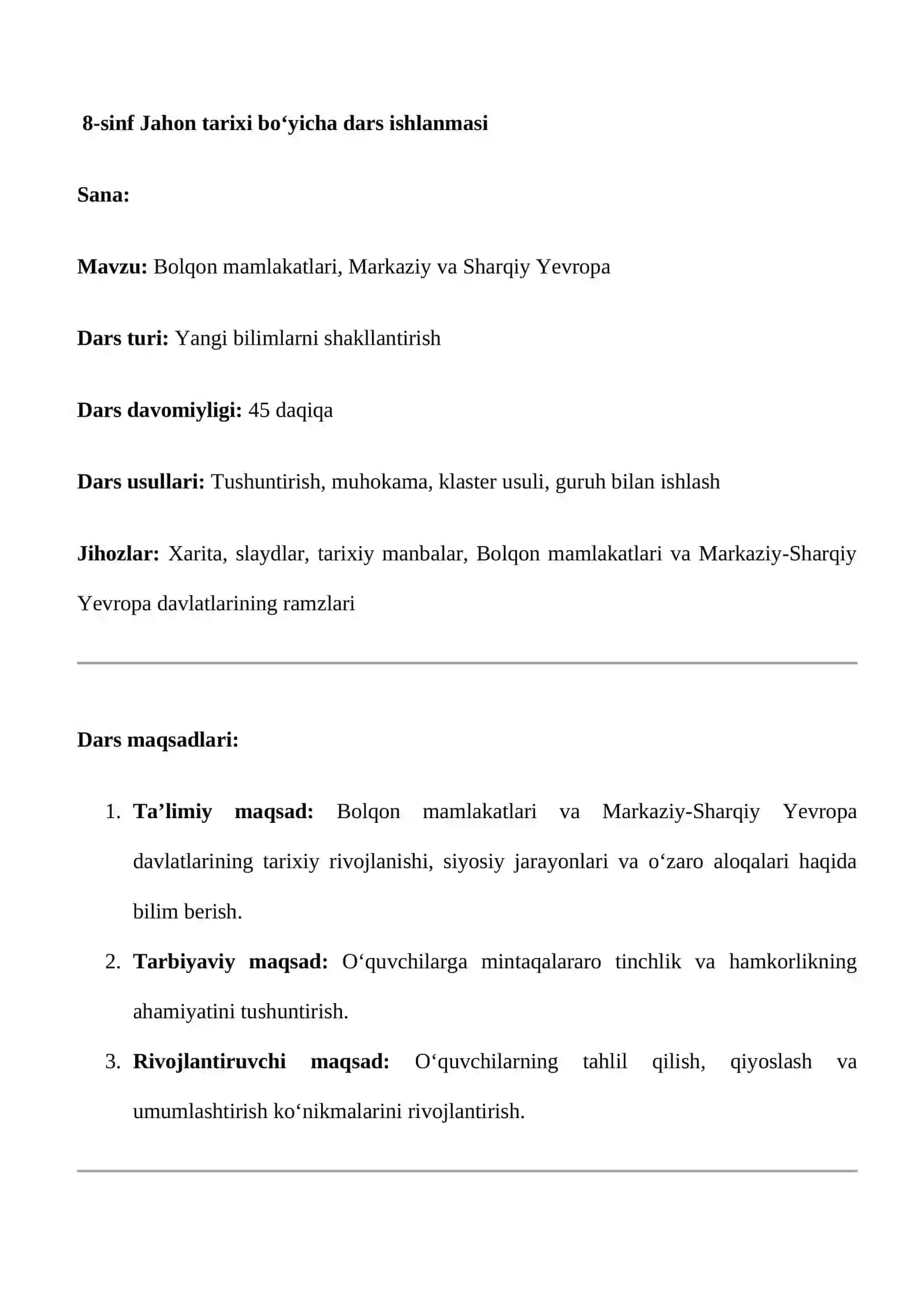 8-sinf Jahon tarixi bo‘yicha dars ishlanmasi 2