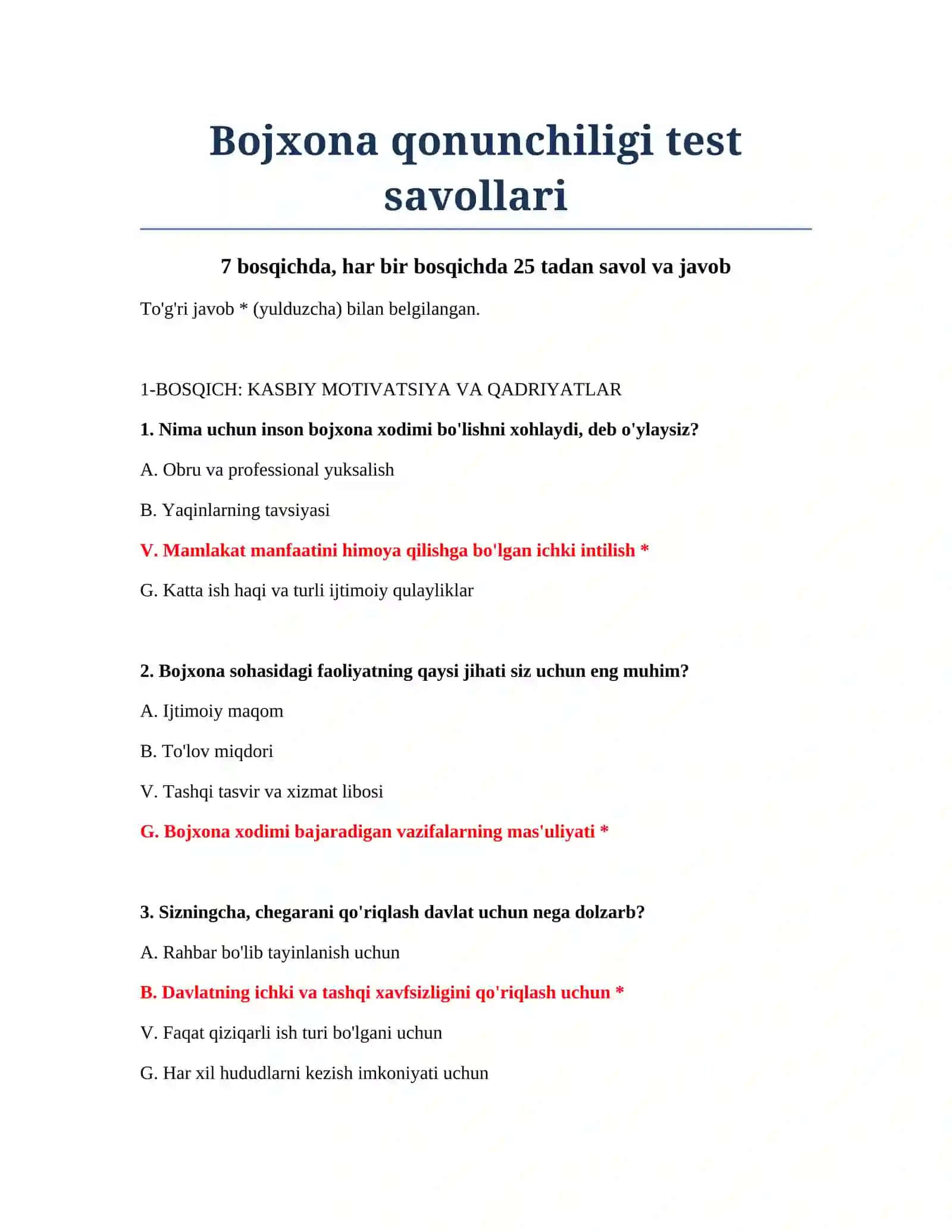 Bojxona qonunchiligi test savollari 2