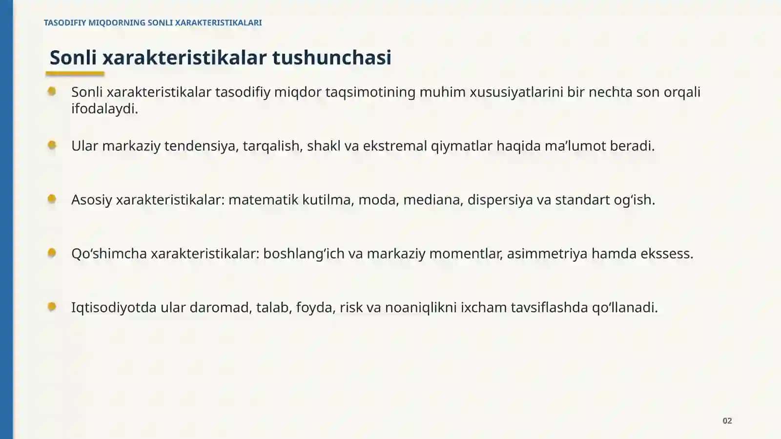 Tasodifiy Miqdorning Sonli Xarakteristikalari 2
