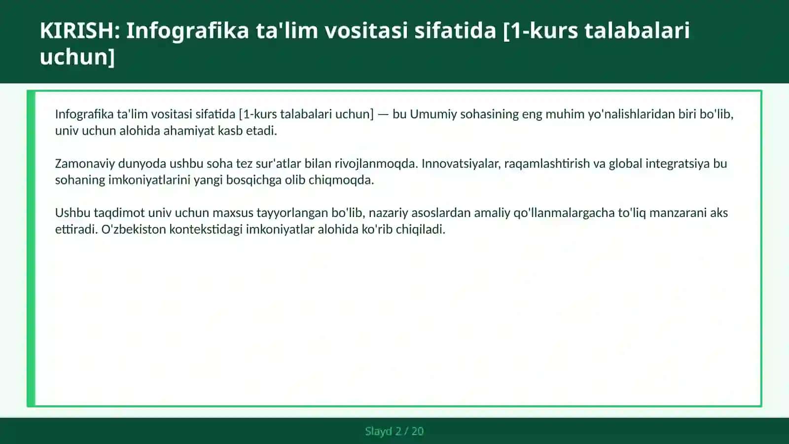 Infografika ta'lim vositasi sifatida [1-kurs talabalari uchun] 2