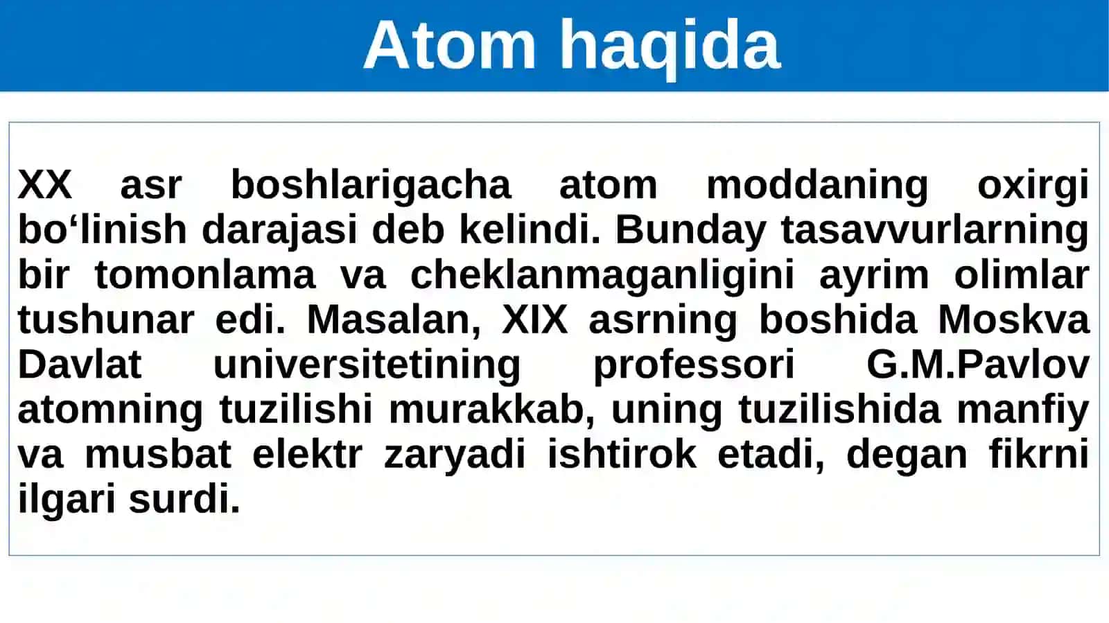 Atom tuzilishi. Atom tarkibidagi elektronlarni pog‘ona va pog‘onachalarga joylashishi (s, p, d elementlar misolida). Elektron ko‘chish hodisasi. 2
