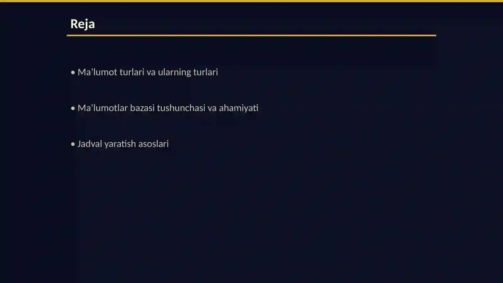 Ma’lumot turlari. Ma’lumotlar bazasi jadvalini yaratish 2