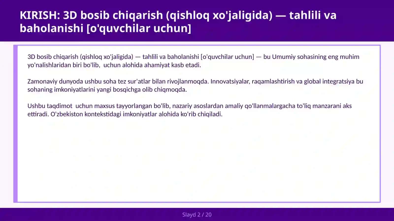 3D BOSIB CHIQARISH (QISHLOQ XO'JALIGIDA) — TAHLILI VA BAHOLANISHI [O'QUVCHILAR UCHUN] 2