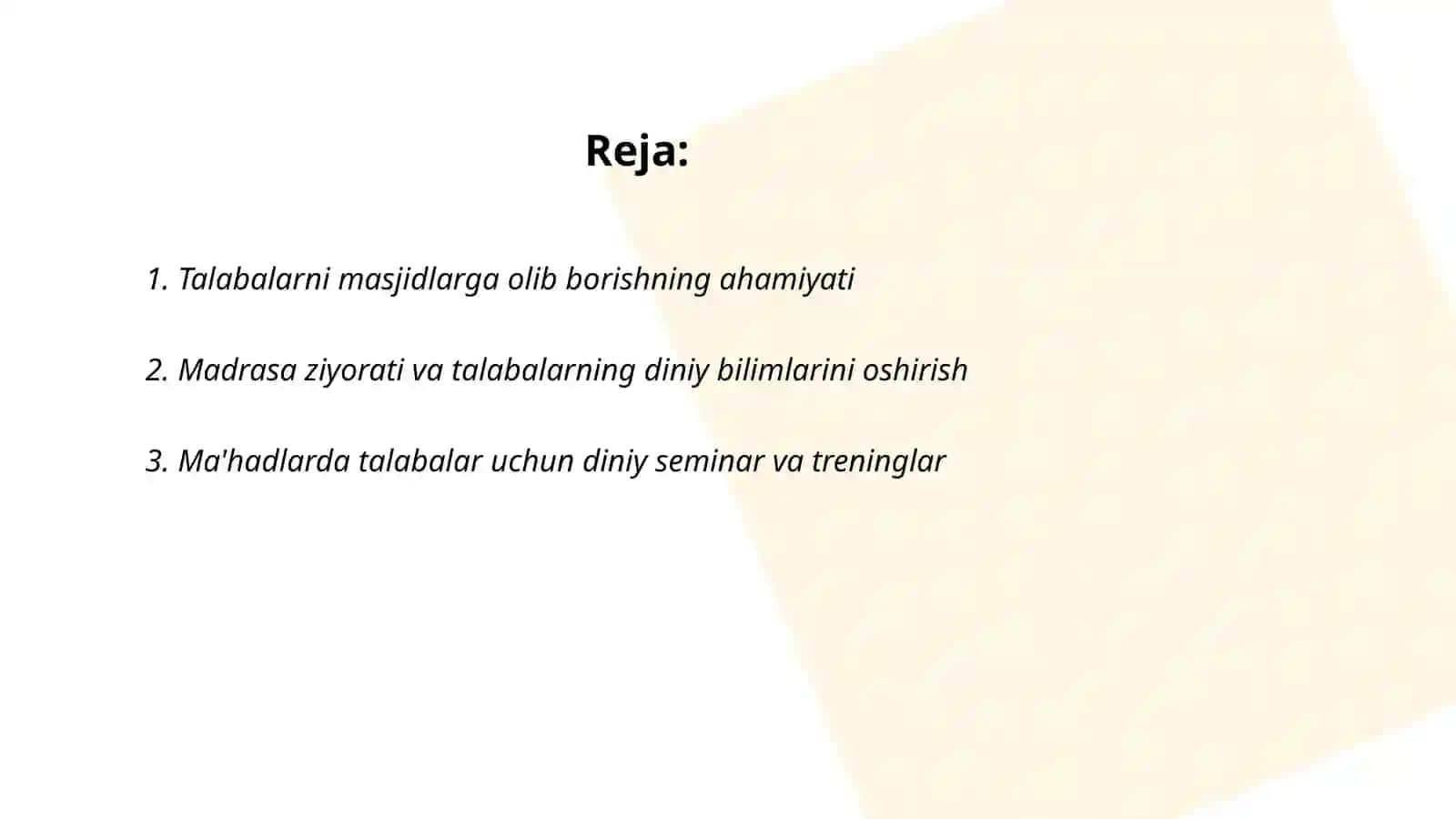 Talabalar bilan O'zbekistondagi diniy tashkilotlarga borish(viloyatlar doirasida masjid,madrasa, ma'had, cherkov, sinagoga va boshqalar) by Polatova Munira 2