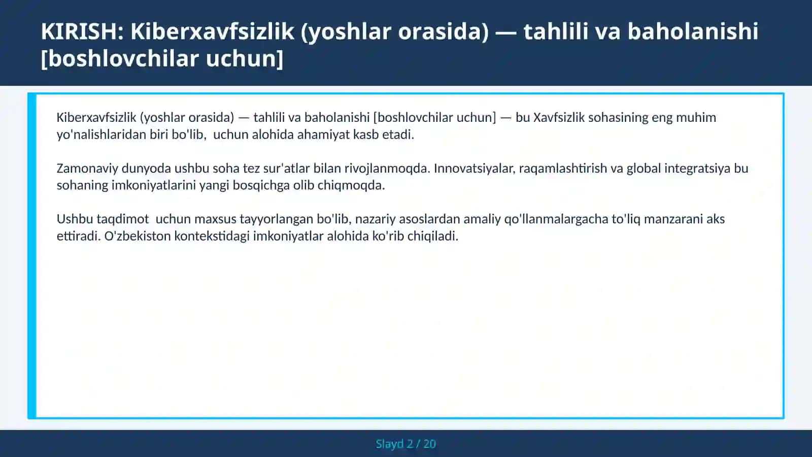 KIBERXAVFSIZLIK (YOSHLAR ORASIDA) — TAHLILI VA BAHOLANISHI [BOSHLOVCHILAR UCHUN] 2
