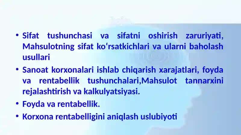 SANOAT MAHSULOTINING SIFATI VA UNING RAQOBATBARDOSHLIGI. SANOAT KORXONALARIDA ISHLAB CHIQARISH XARAJATLARI, FOYDA VA RENTABELLIK 2