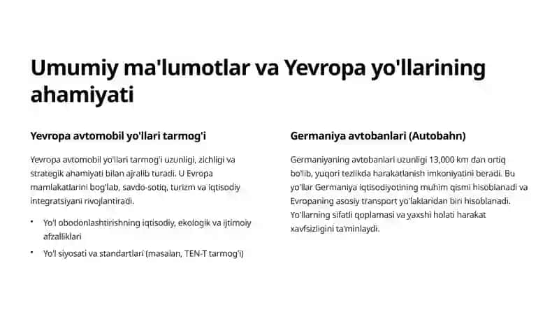 Yevropa davlatlarining avtomobil yo'llarini obodonlashtirish tajribalari 2