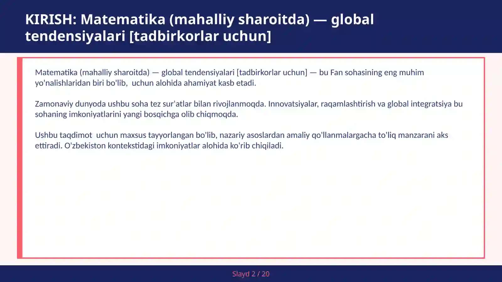 Matematika (mahalliy sharoitda) — global tendensiyalari [tadbirkorlar uchun] 2