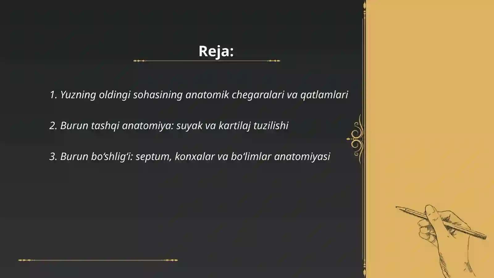 Yuzning oldingi sohasi klinik anatomiyasi: burun va lunj sohasi. Lunj sohasi flegmonalari. YUqorigi jag’ bo’shlig’ini punksiya qilish, Gaymor va peshona bo’shliqlarini ochish texnikasini klinik-anatomik asoslari 2
