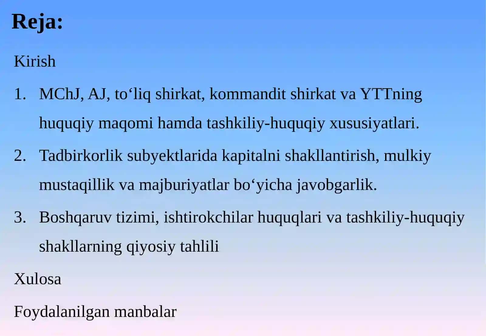 MCHJ, AJ, TO‘LIQ SHIRKAT, KOMMANDIT SHIRKAT VA YTTNING QIYOSIY-HUQUQIY TAVSIFI: HUQUQIY MAQOM, KAPITAL, JAVOBGARLIK VA BOSHQARUV 2