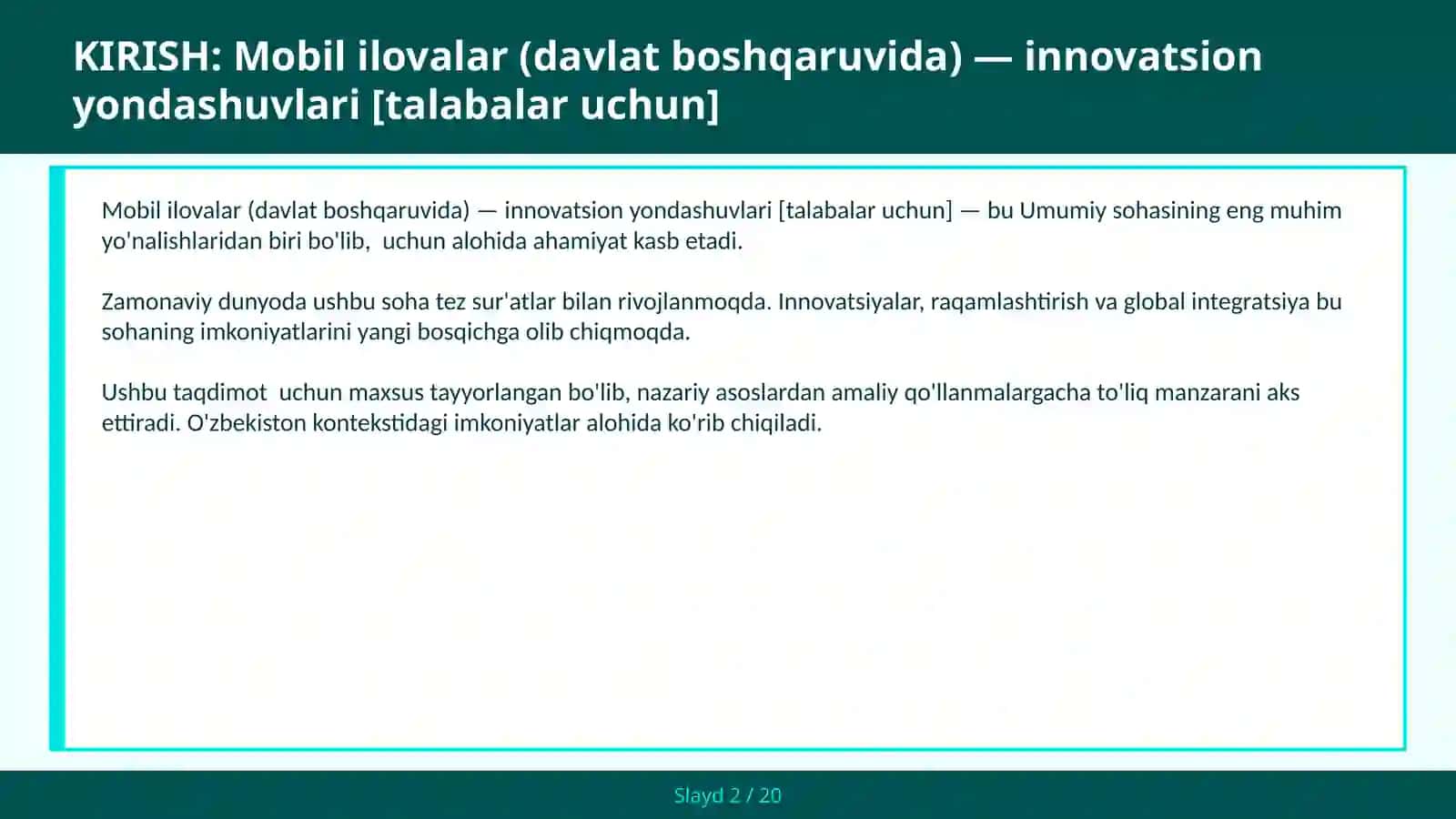 Mobil ilovalar (davlat boshqaruvida) — innovatsion yondashuvlari [talabalar uchun] 2