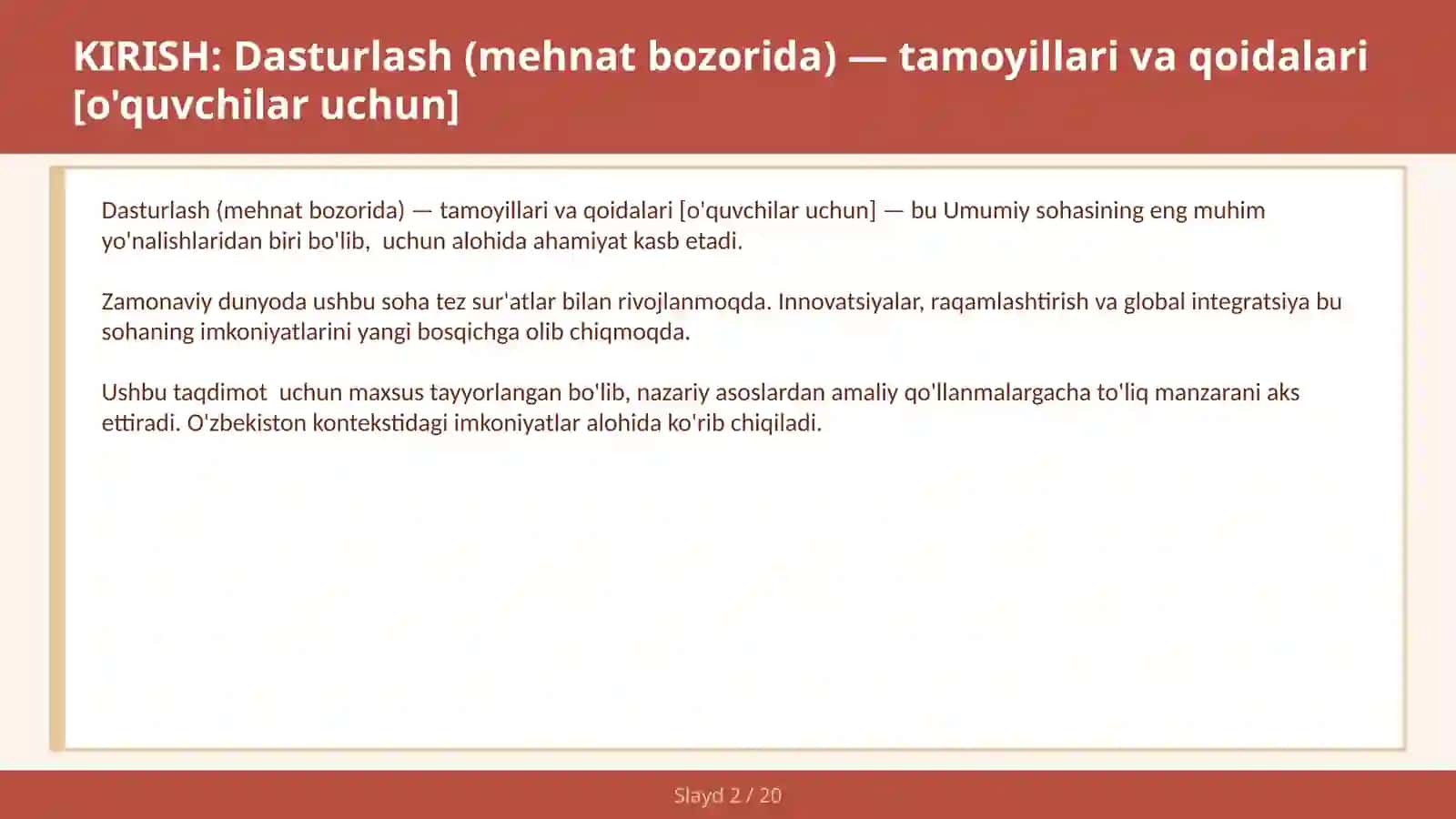 DASTURLASH (MEHNAT BOZORIDA) — TAMOYILLARI VA QOIDALARI [O'QUVCHILAR UCHUN] 2
