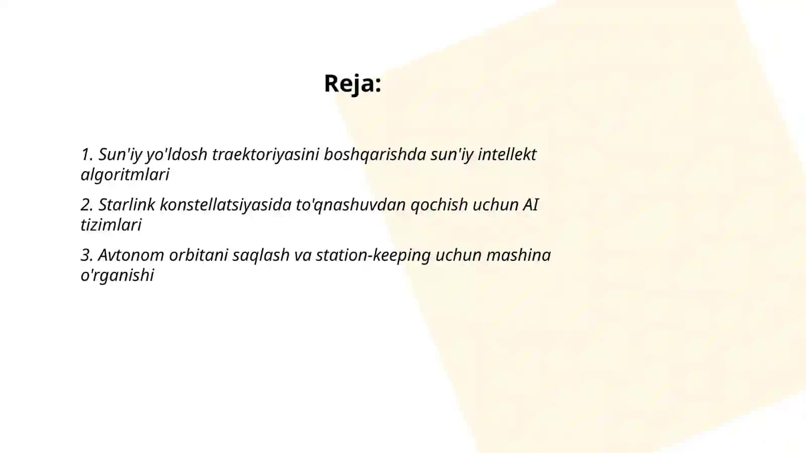 Sun'iy yo'ldoshlar traektoriyasini boshqarish (Starlink (SpaceX) AI) 2
